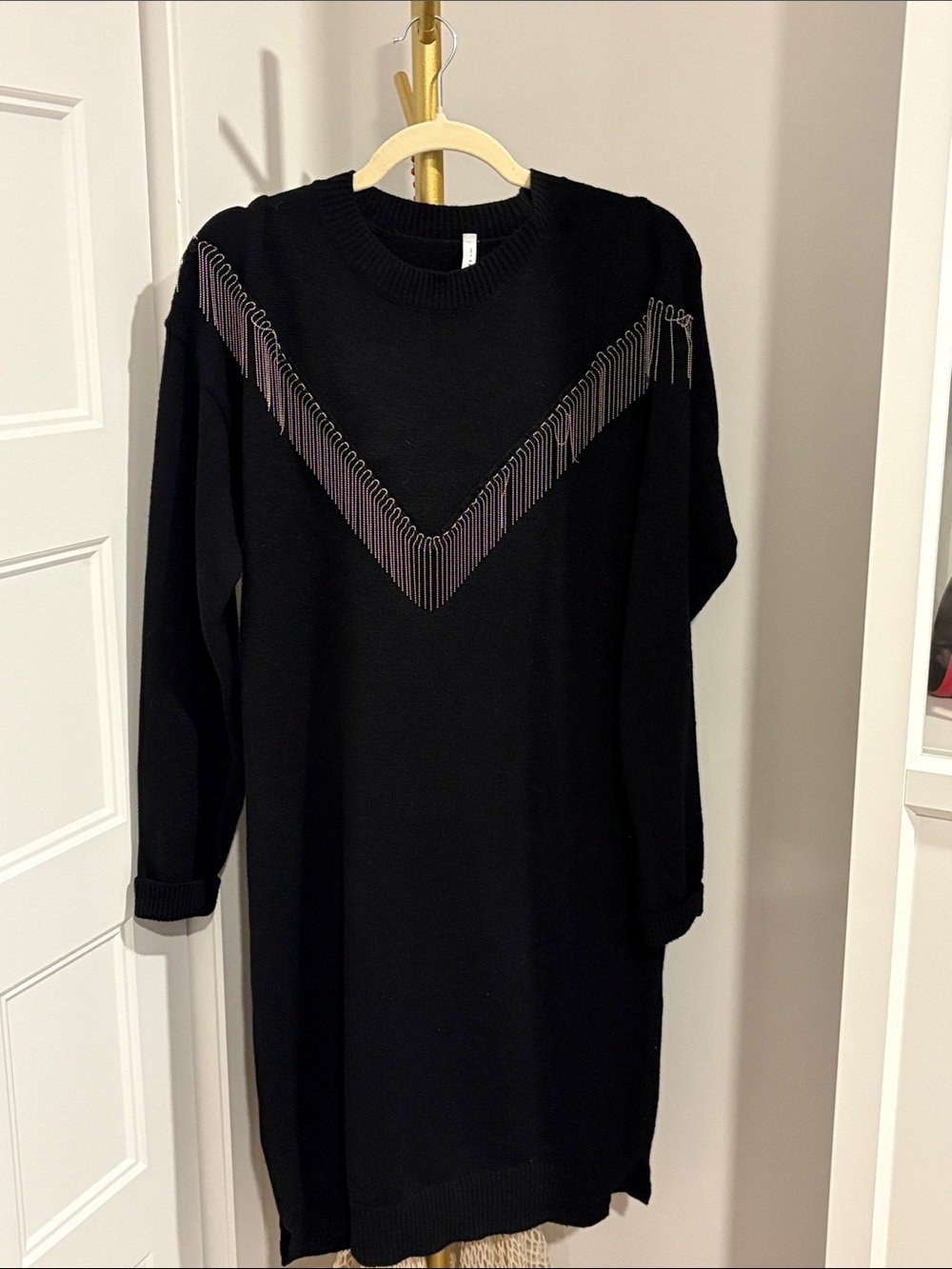 Long Sleeve Black Knit Dress with V-Stripe Fringe Detail